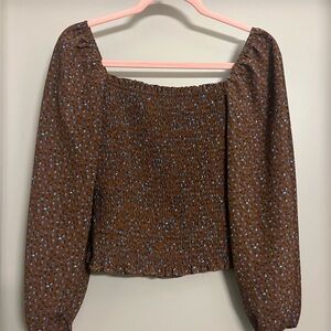 Brown Smocked Long-Sleeve Floral Top